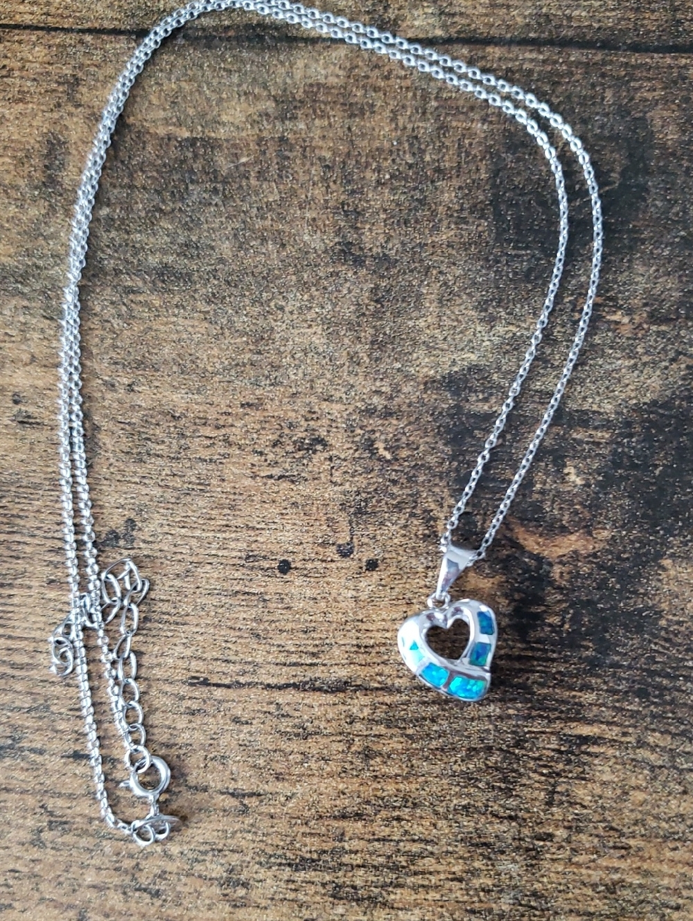 Sterling Silver Heart Pendant Necklace with Blue Opal Inlay
